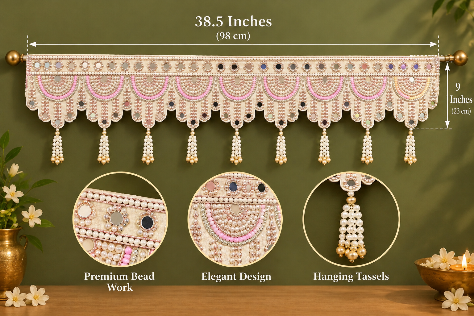 Premium Pearl Bead Work Door Toran with Pink Embroidery & Hanging Tassels |Festive Door Decoration
