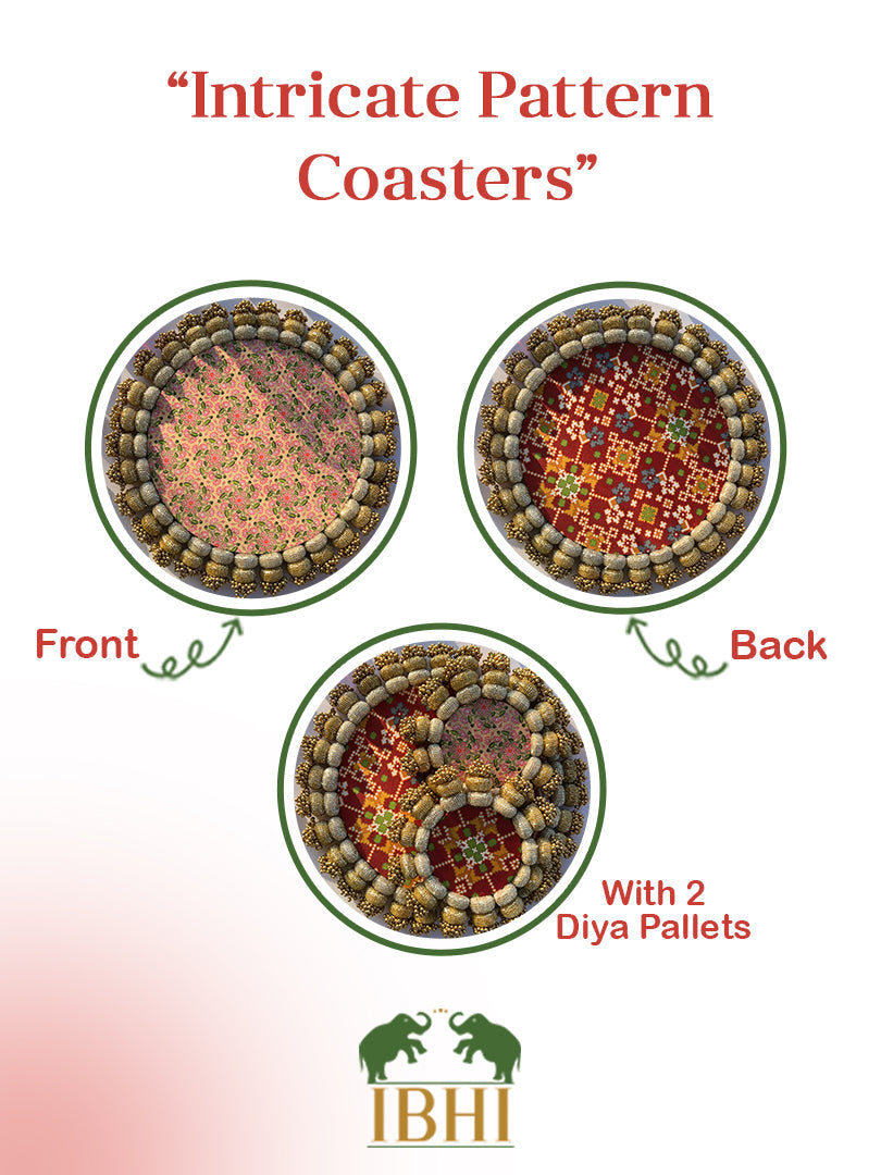 COMBO: Chaandbali Maroon Navratna Patola & Inflorescence Divine Pichwai Rangoli + Diya Pallets