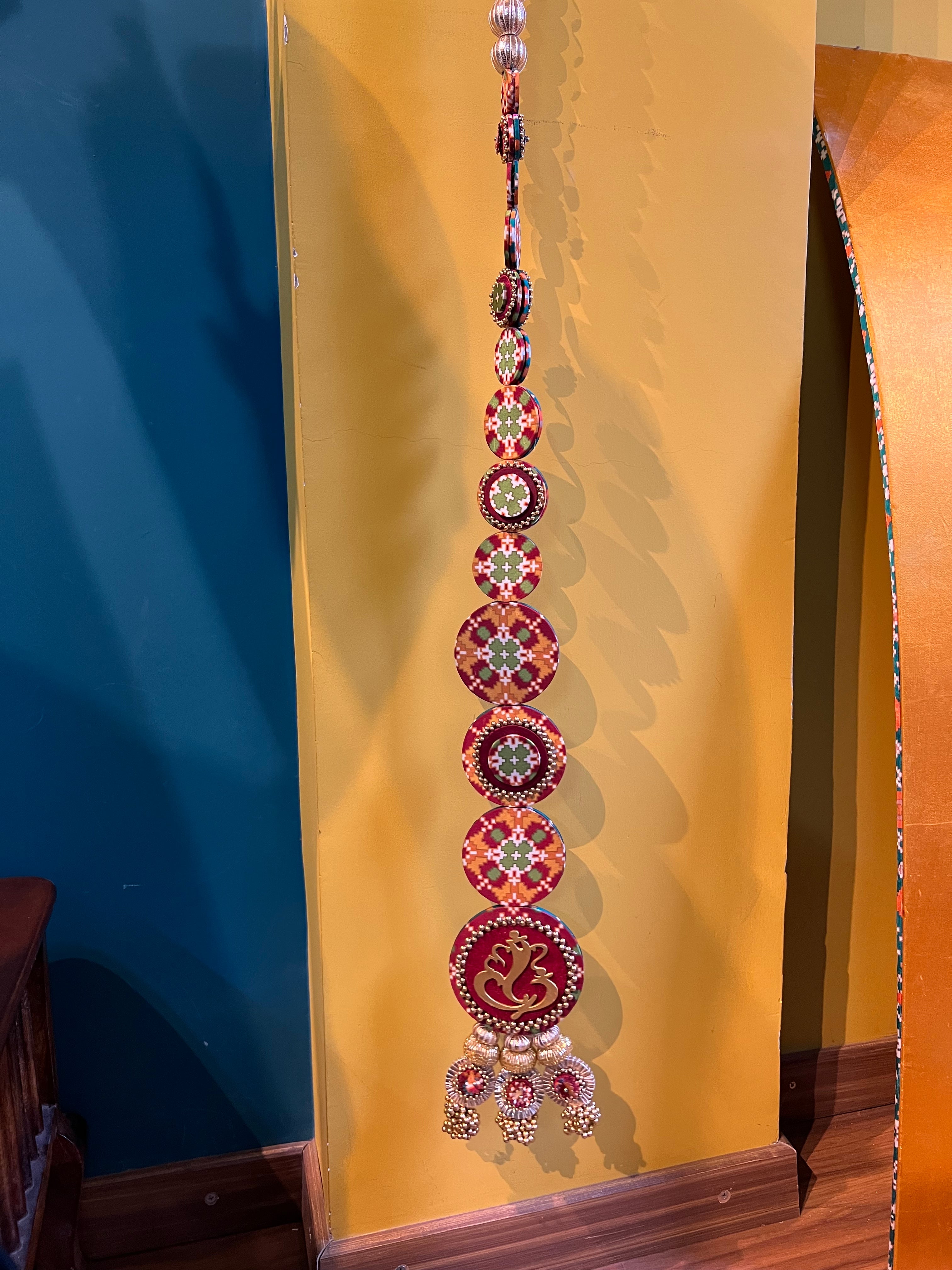 Dangler Ganesh Hanging: Bottle Green & Maroon Navratna Patola