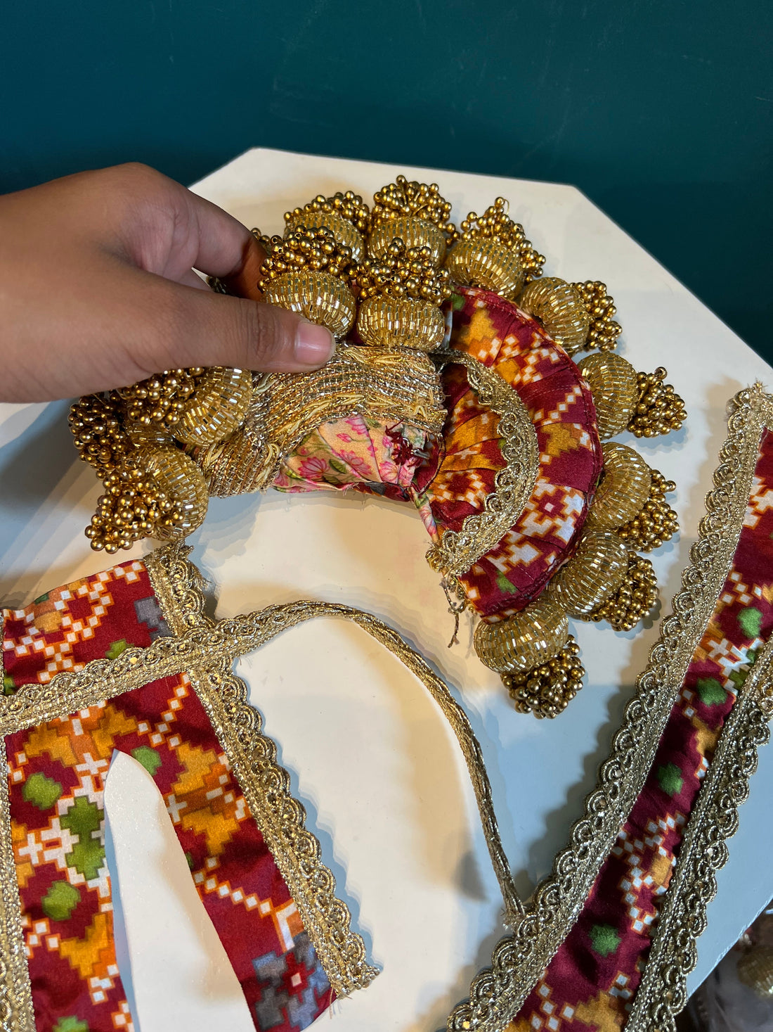 Beaded Lalji Poshak: Maroon Navratna Patola + OG Infloresence Divine Pichwai