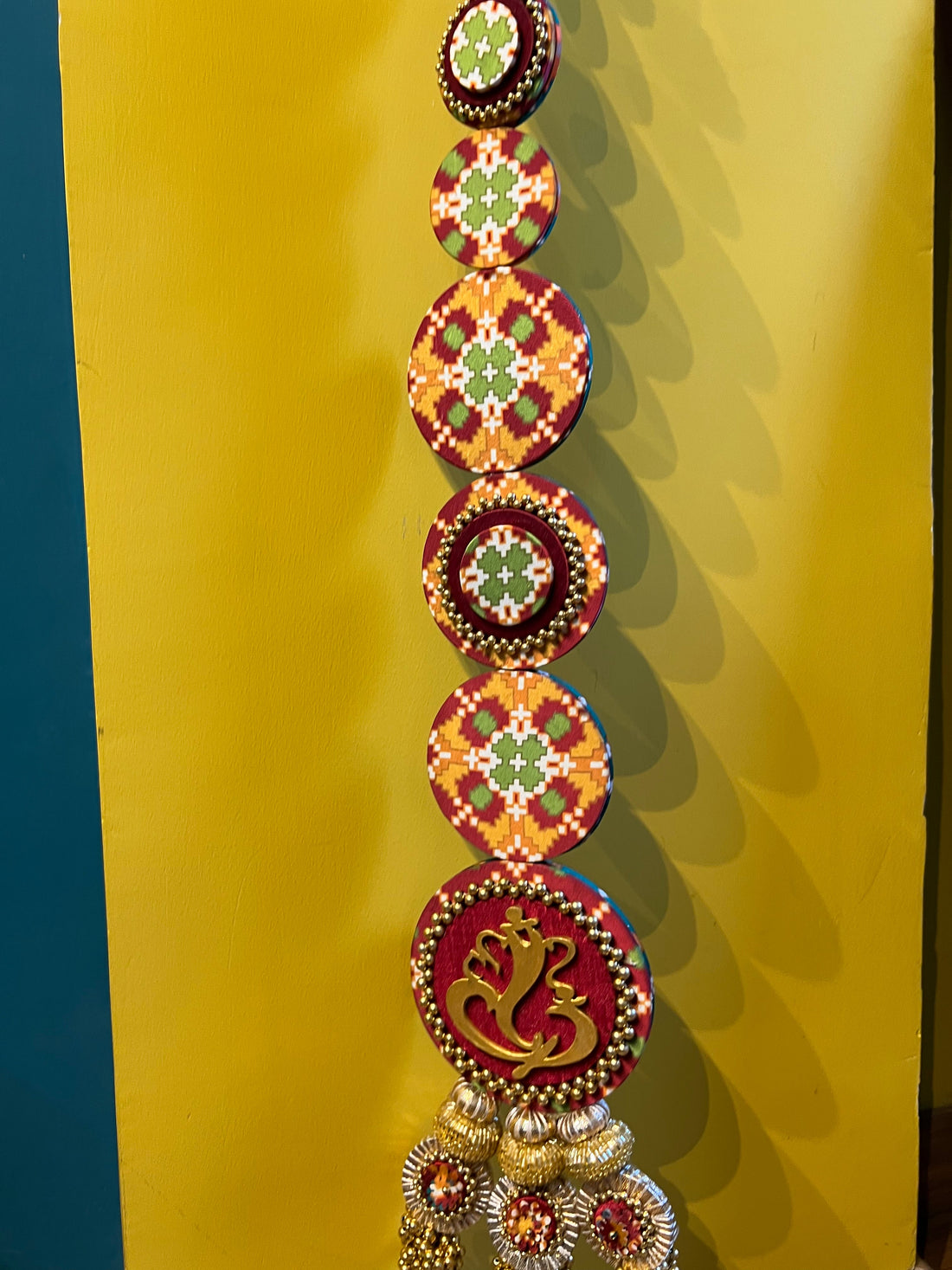 Dangler Ganesh Hanging: Bottle Green & Maroon Navratna Patola