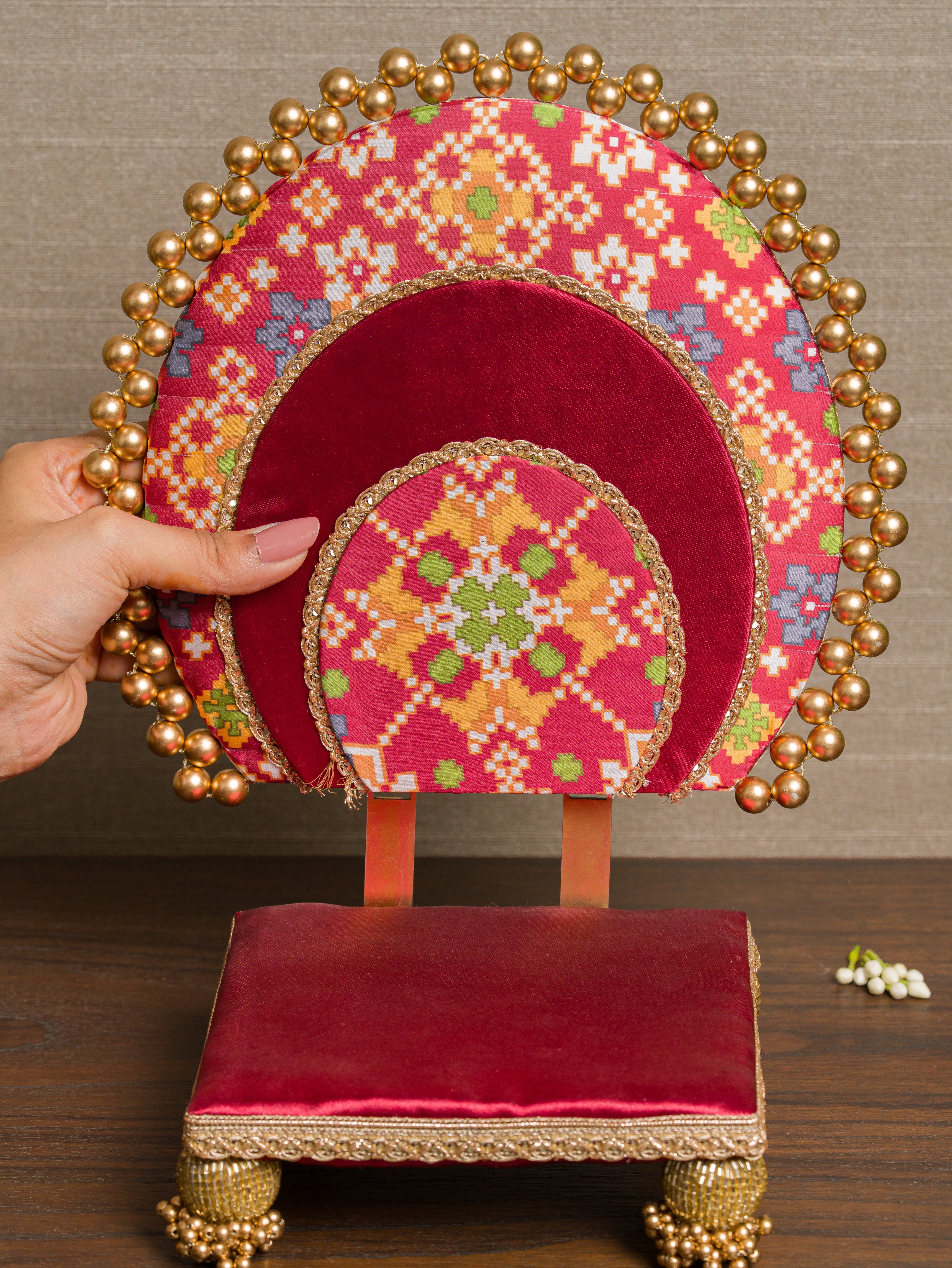 Two-Sided Maroon Navratna Patola & Gulmohar Zari (2 Feet Idol Sinhasan)