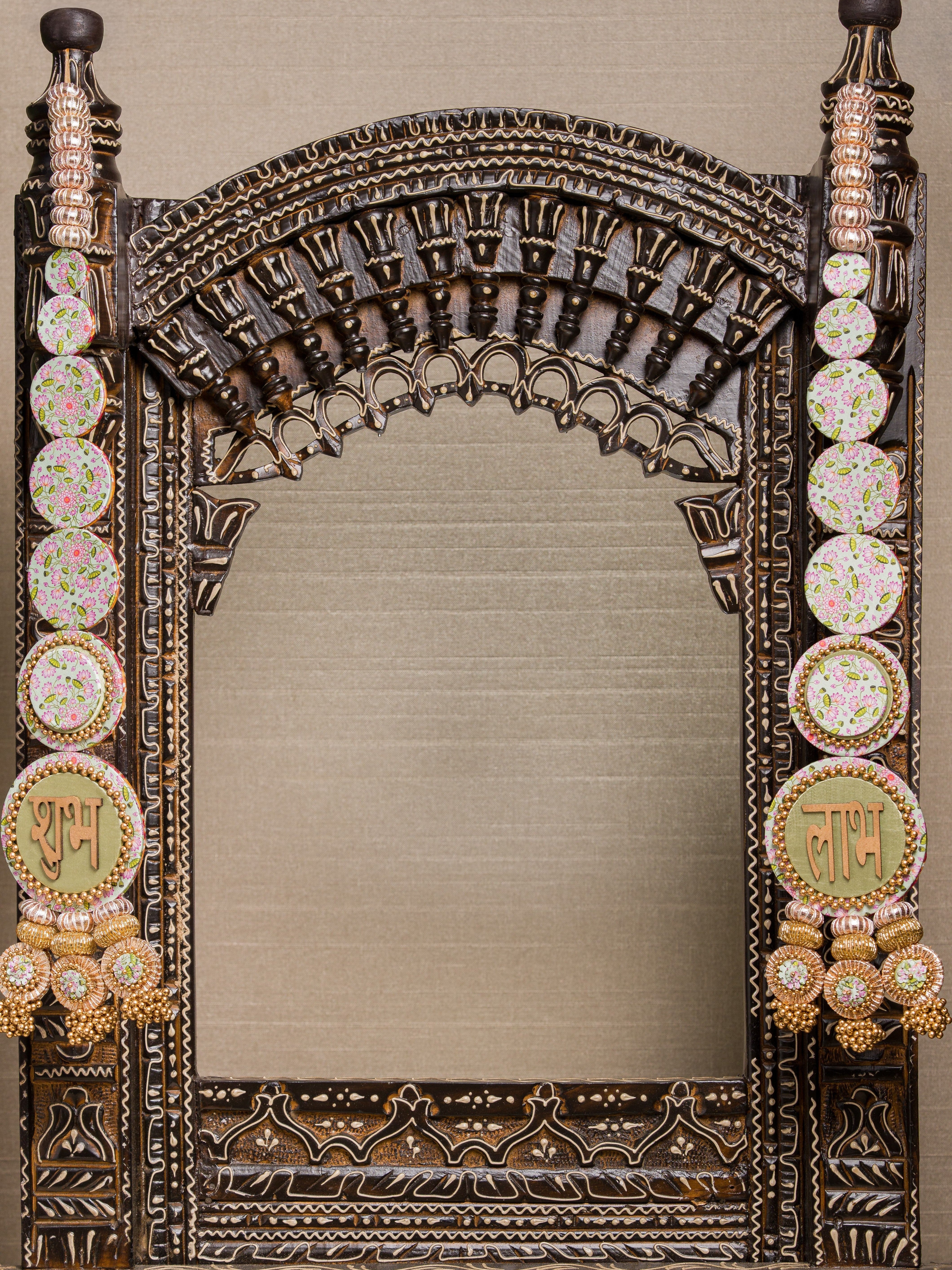 Awe-inspiring Shubh labh : Maroon Navratna Patola + Pastel Pistachio Infloresence Divine Pichwai