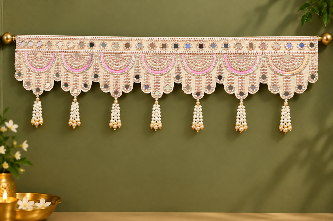 Premium Pearl Bead Work Door Toran with Pink Embroidery & Hanging Tassels |Festive Door Decoration
