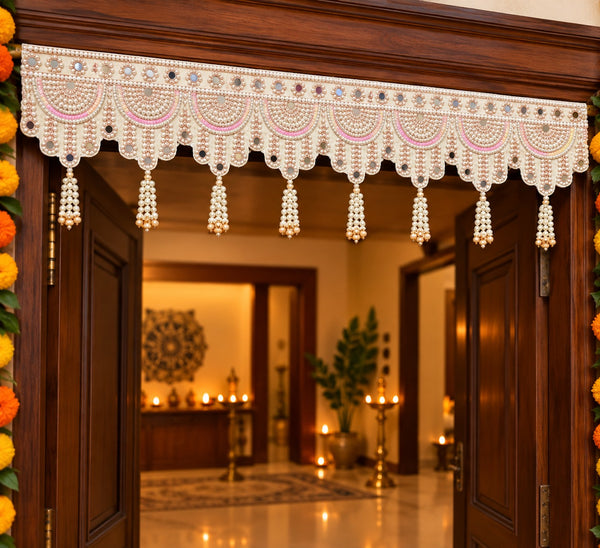 Premium Pearl Bead Work Door Toran with Pink Embroidery & Hanging Tassels | 38.5 Inch Traditional Festive Door Decoration