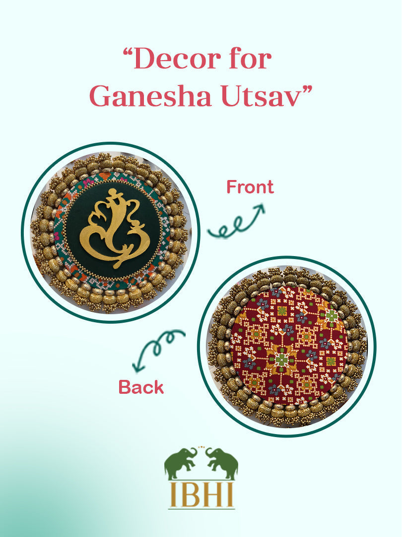 Ganesh Motif Platter + Hanging: Kamal Bandhej + Bottle Green Navratna Patola