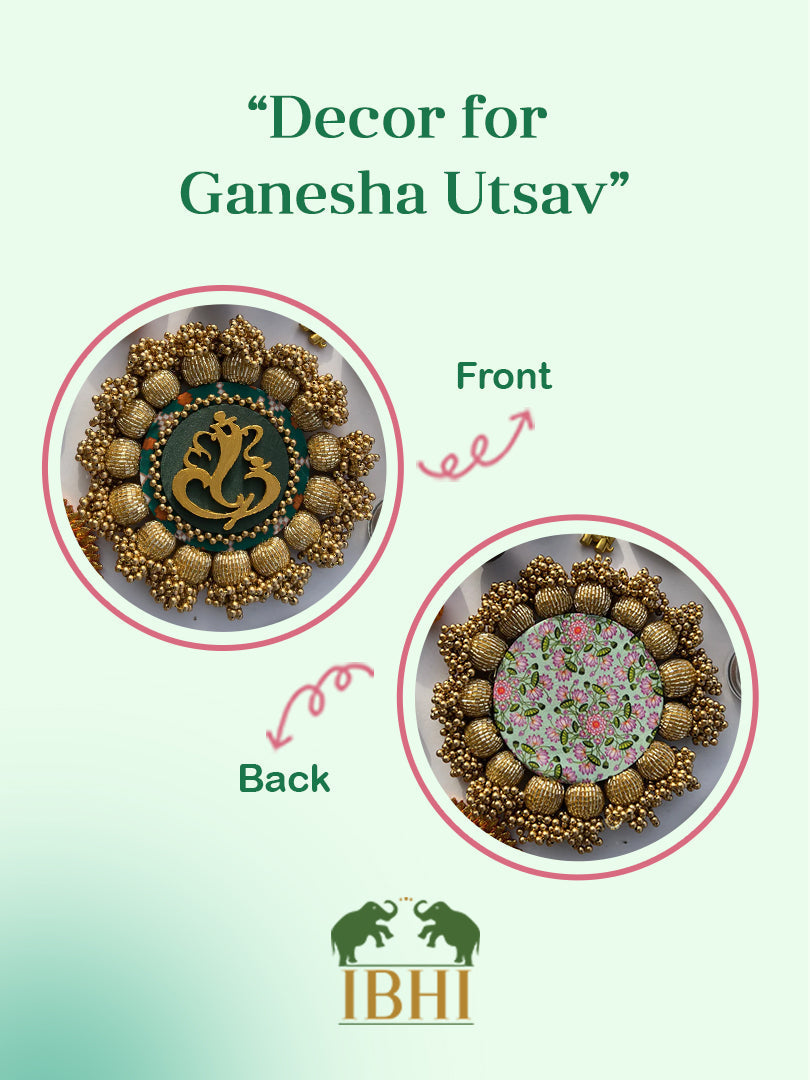SPHERICAL GANESH Platter: Bottle Green Navratna Patola + Vermillion Congruous Divine Pichwai