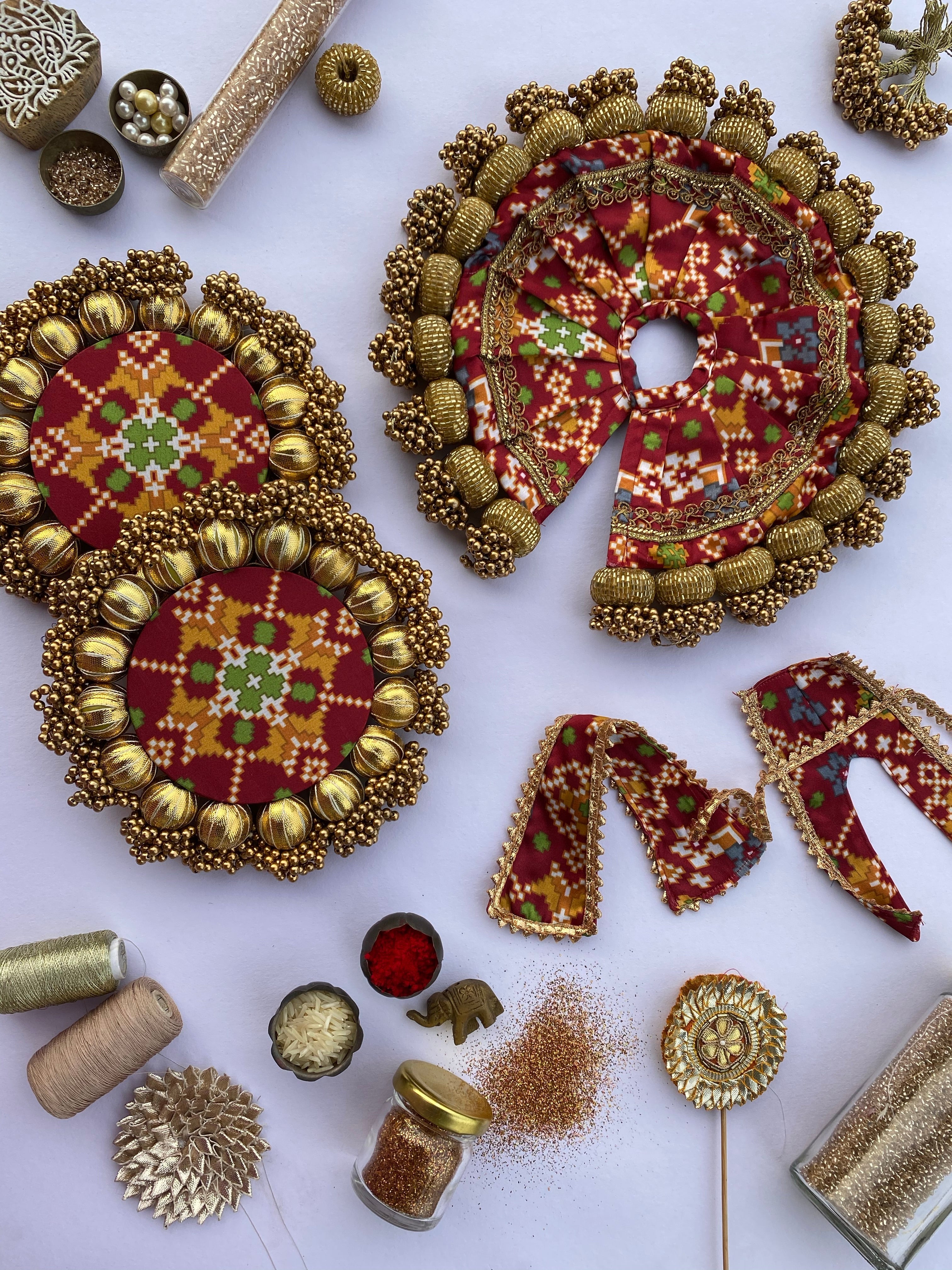 Maroon Navratna Patola Glass Beaded Poshak + Joker Poker Reciprocal Diya Platters