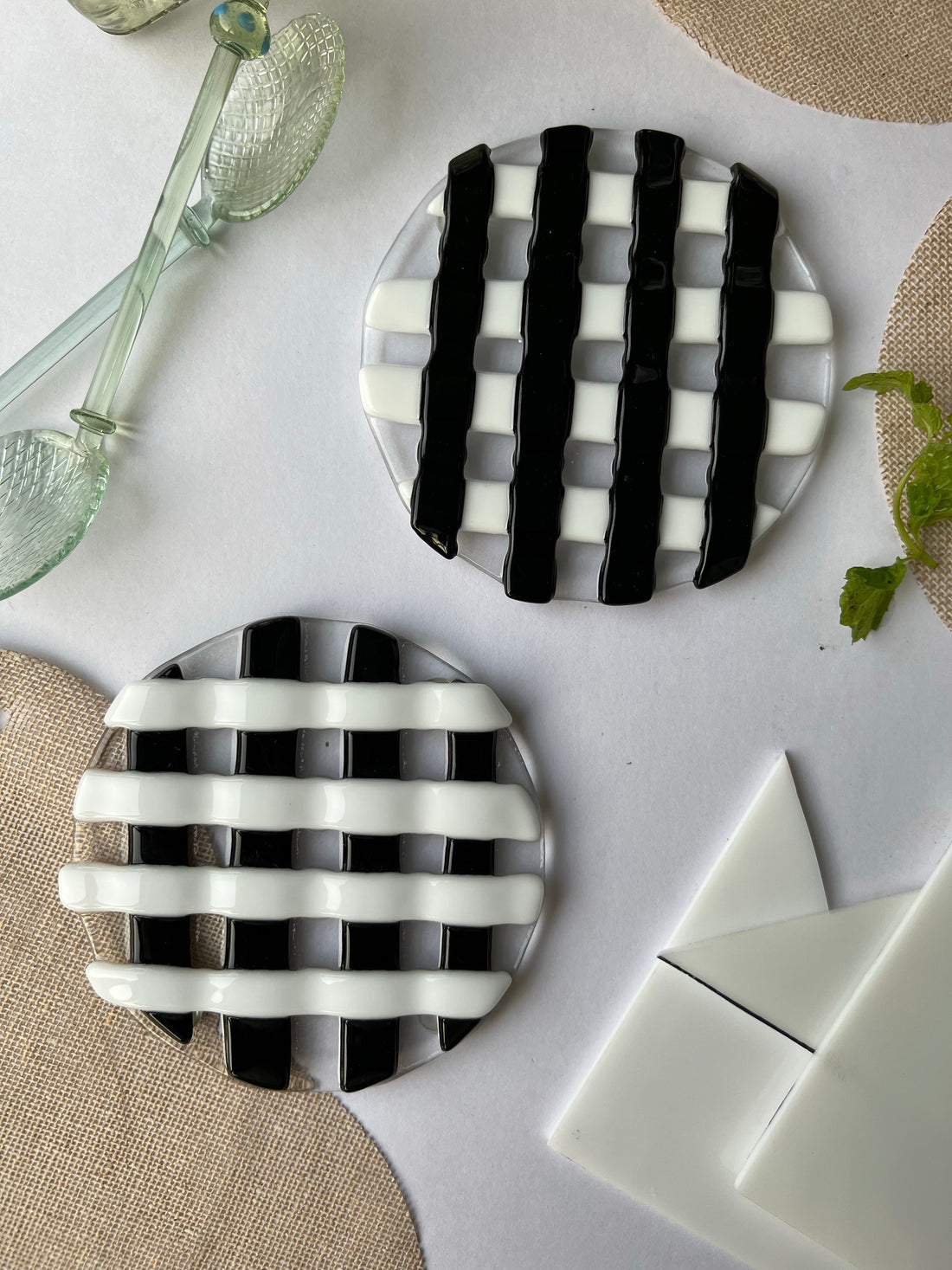 Raised Checkered Fused Circular Glass Coasters
