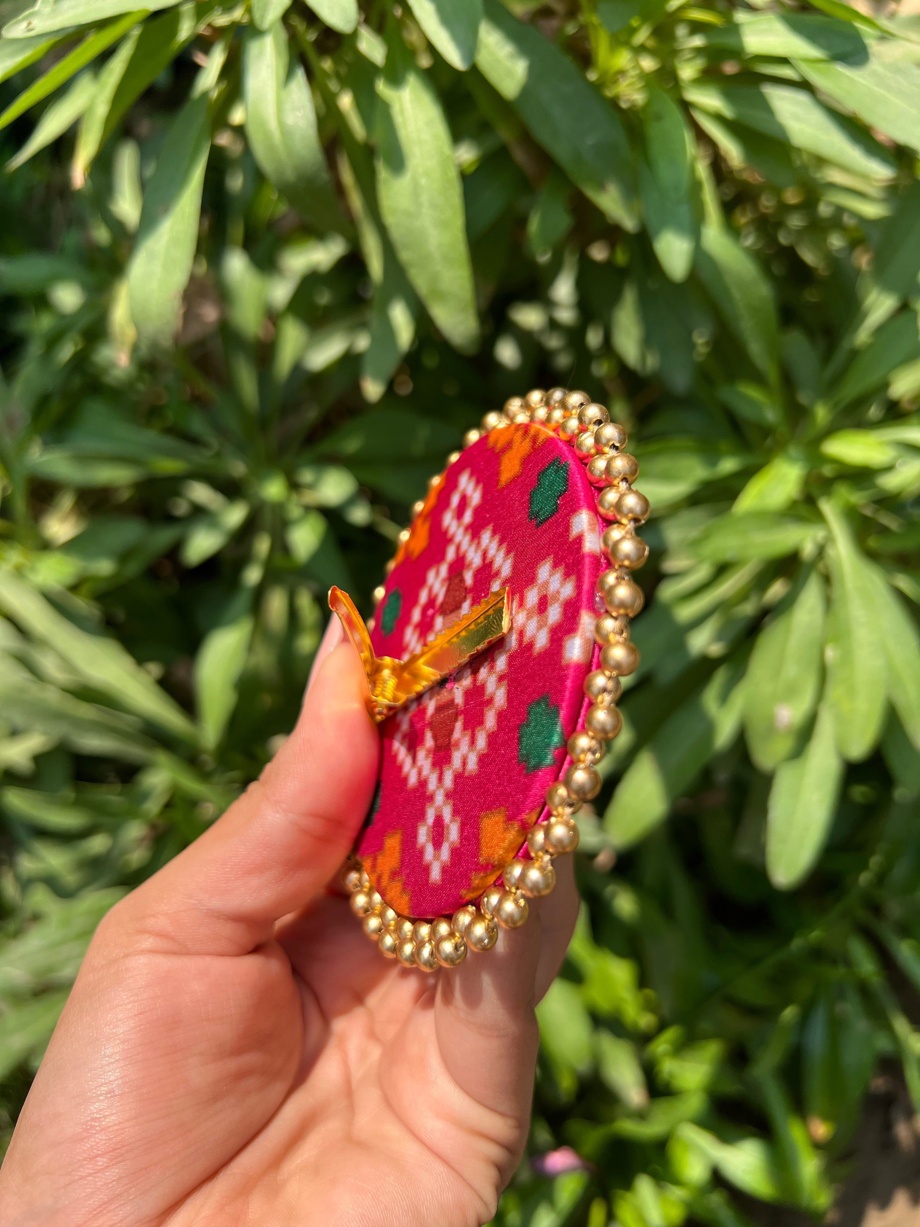 Enchanted Pink Navratna Patola Beaded Juda Brooch