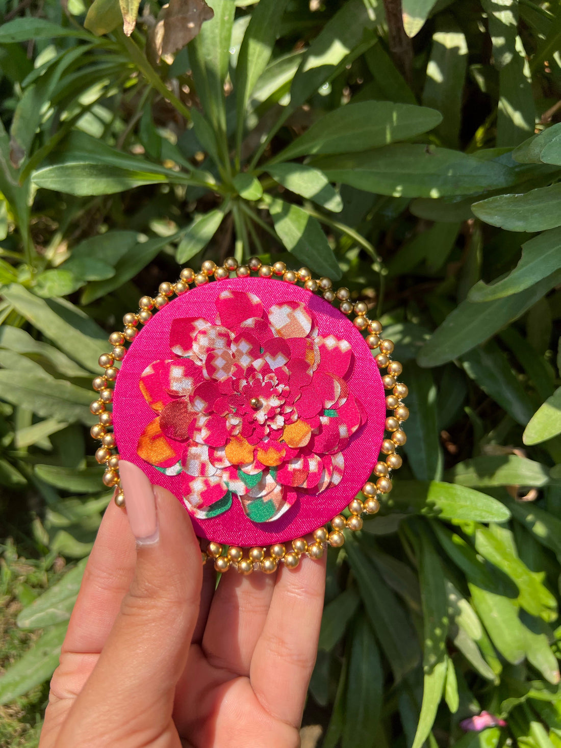 Enchanted Pink Navratna Patola Beaded Juda Brooch