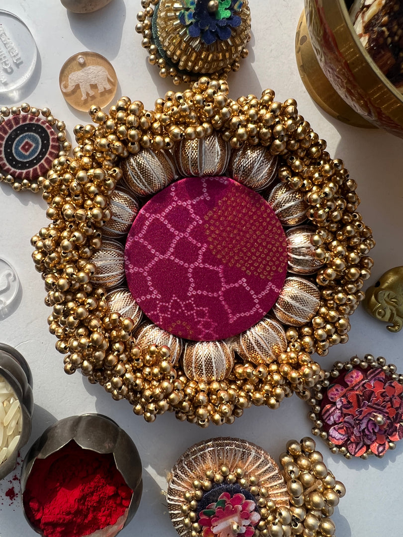 Tea Light Platter- Solid Pink + Pink Navratna Patola