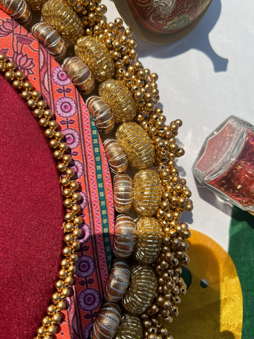 Ganesh Motif Platter + Hanging: Kamal Bandhej + Bottle Green Navratna Patola