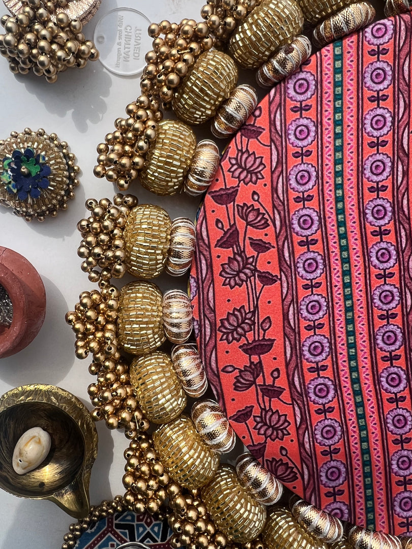 Mini Ganesh Platter: Lemon Yellow +  Vermillion Congruous Divine Pichwai