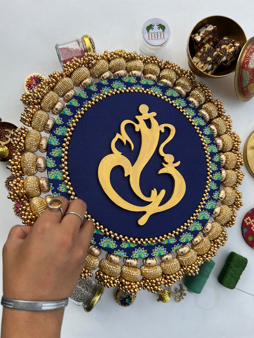 Ganesh Motif Platter + Hanging: Kamal Bandhej + Bottle Green Navratna Patola