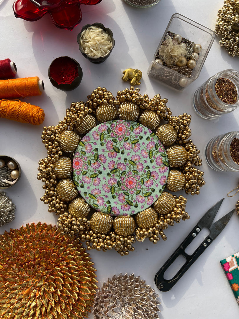 SPHERICAL GANESH Platter: Bottle Green Navratna Patola + Vermillion Congruous Divine Pichwai