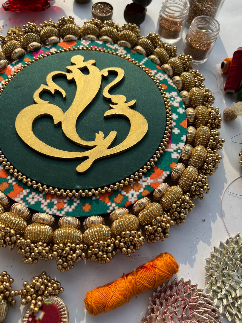 Ganesh Motif Platter + Hanging: Kamal Bandhej + Bottle Green Navratna Patola