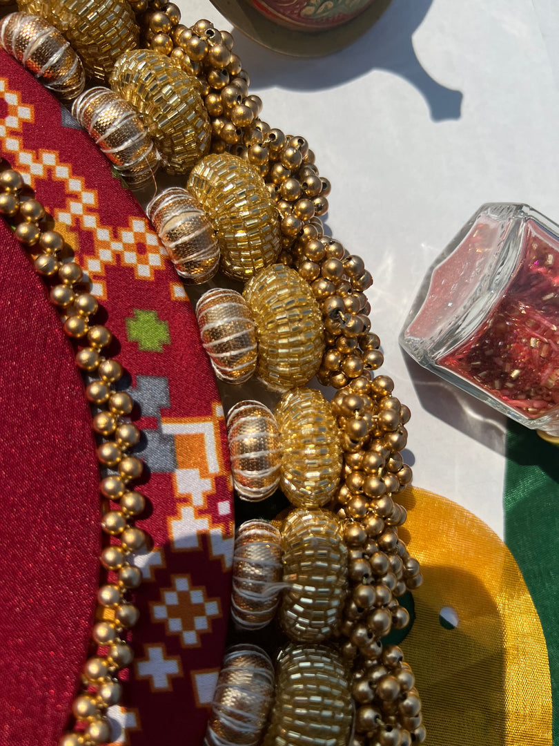 Ganesh Motif Platter + Hanging: Kamal Bandhej + Bottle Green Navratna Patola