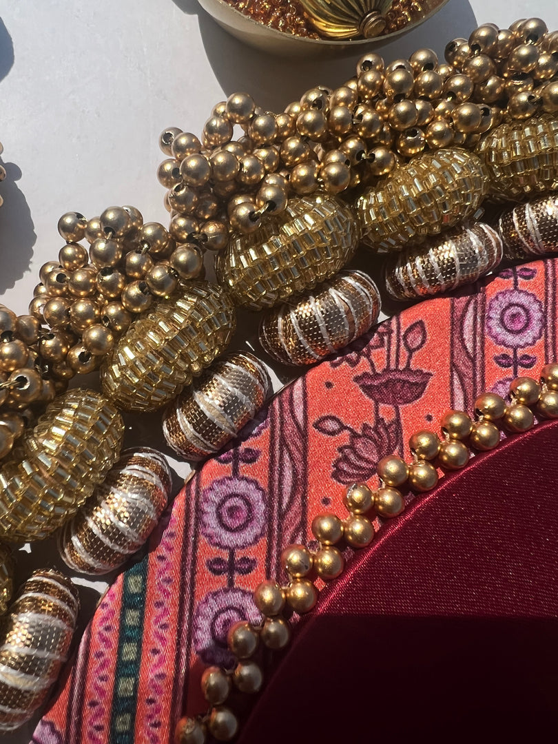 Ganesh Motif Platter + Hanging: Kamal Bandhej + Bottle Green Navratna Patola