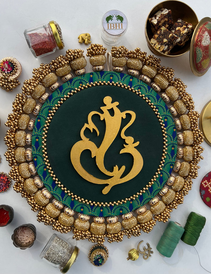 Ganesh Motif Platter + Hanging: Kamal Bandhej + Bottle Green Navratna Patola