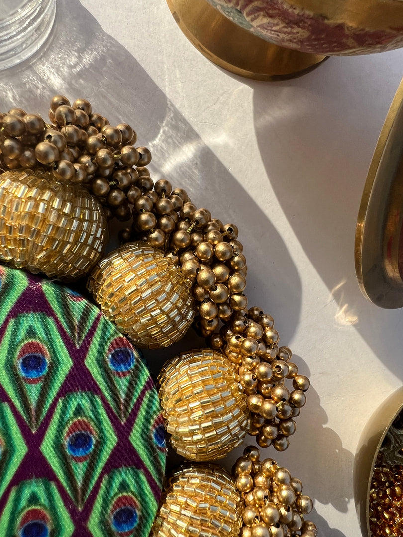 Spherical Mini Platter: Quill Mor Bani Thangat Kare + Bottle Green Navratna Patola