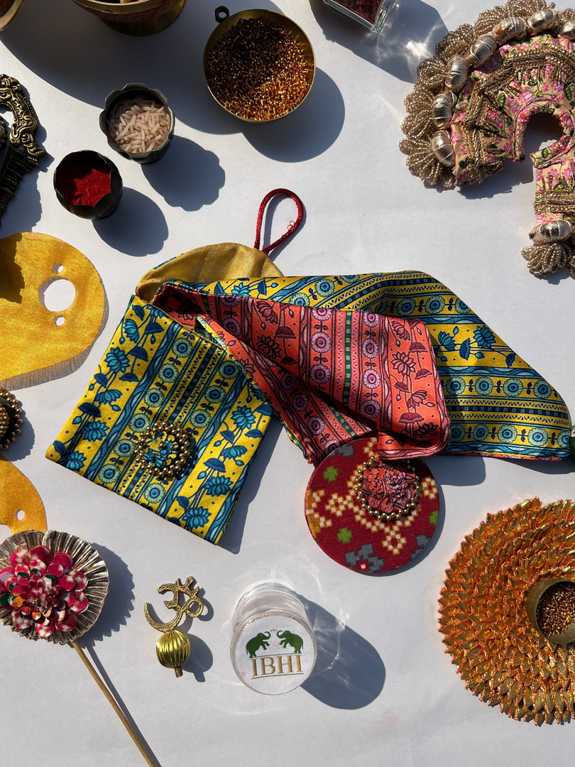 POCKET SQUARE + MINI POUCH: Pink + Orange Navratna Patola