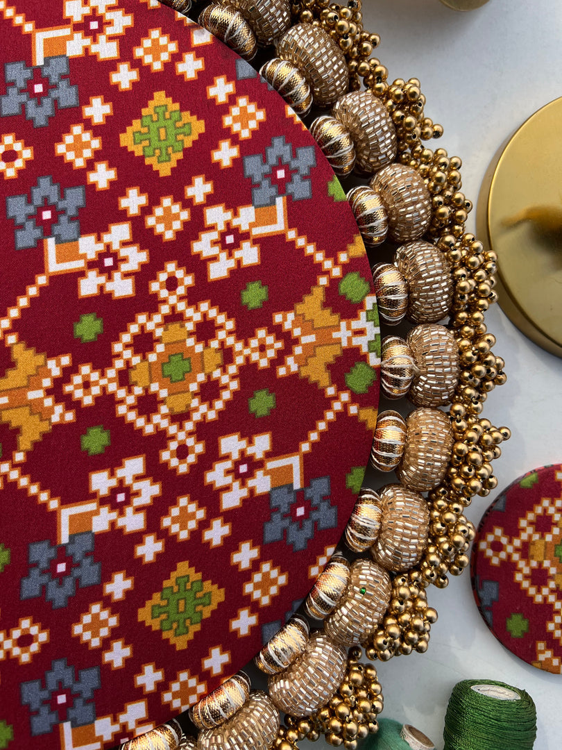 Ganesh Motif Platter + Hanging: Kamal Bandhej + Bottle Green Navratna Patola