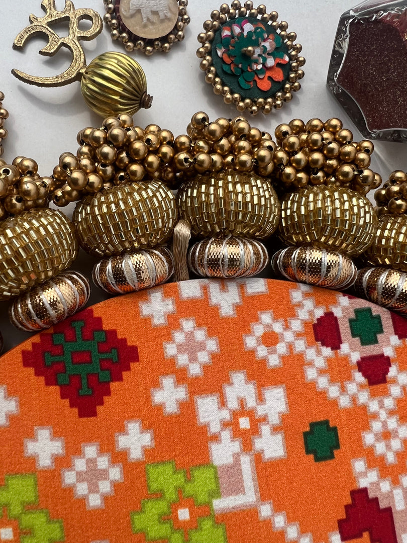Mini Ganesh Platter: Lemon Yellow +  Vermillion Congruous Divine Pichwai