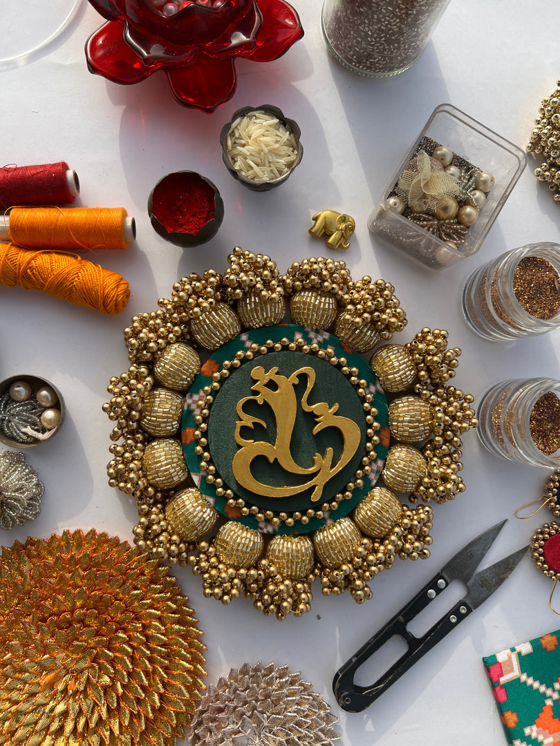 SPHERICAL GANESH Platter: Bottle Green Navratna Patola + Vermillion Congruous Divine Pichwai