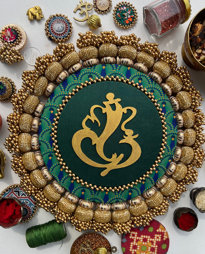Mini Ganesh Platter: Lemon Yellow +  Vermillion Congruous Divine Pichwai