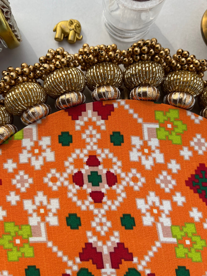 Ganesh Motif Platter + Hanging: Kamal Bandhej + Bottle Green Navratna Patola