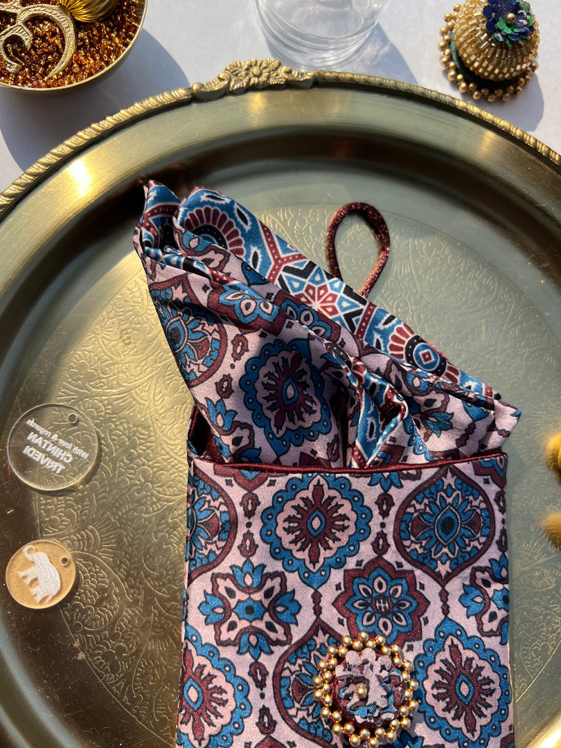 POCKET SQUARE + MINI POUCH: Pink + Orange Navratna Patola