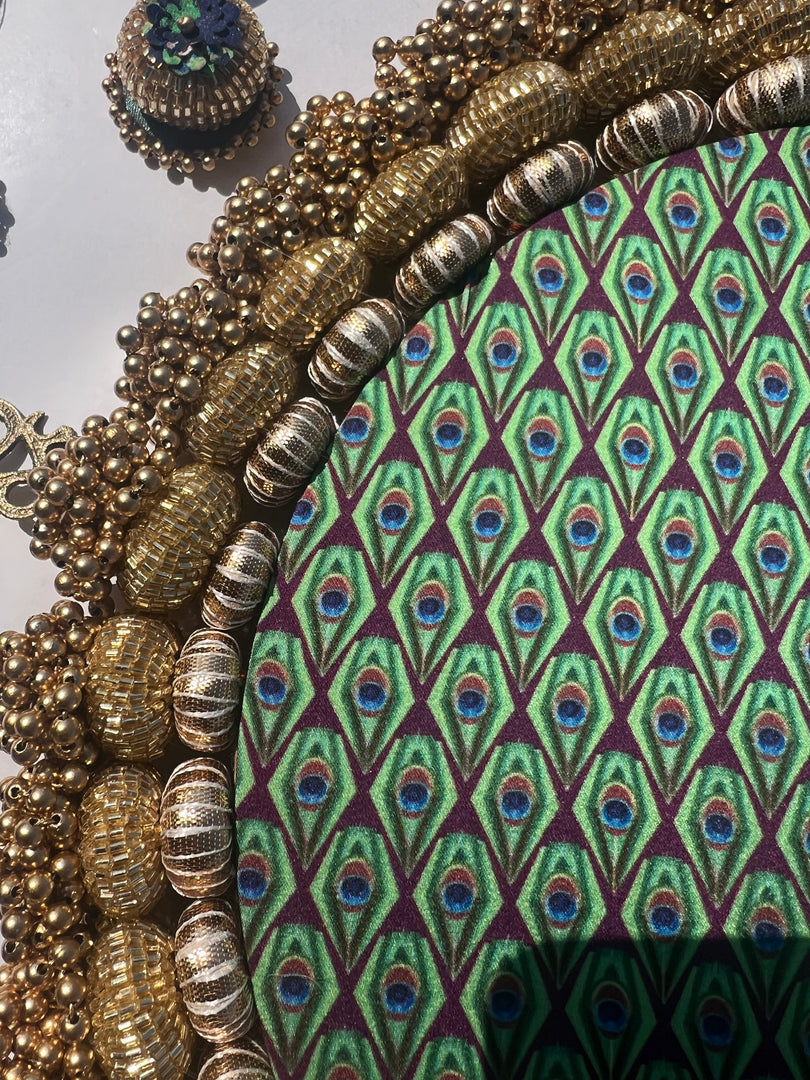 Ganesh Motif Platter + Hanging: Kamal Bandhej + Bottle Green Navratna Patola