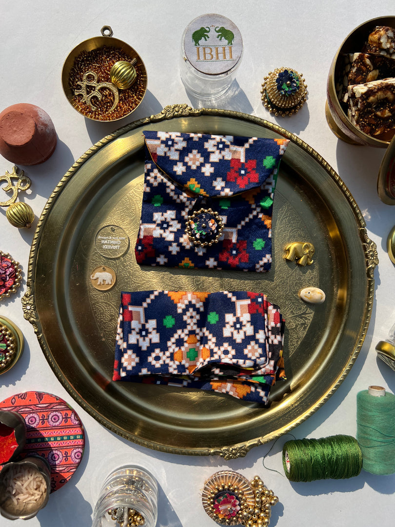 POCKET SQUARE + MINI POUCH: Pink + Orange Navratna Patola