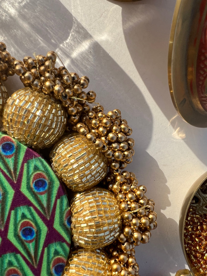 Spherical Mini Platter: Quill Mor Bani Thangat Kare + Bottle Green Navratna Patola