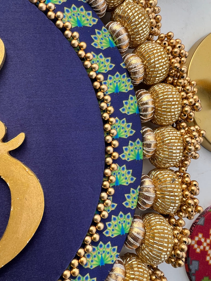 Ganesh Motif Platter + Hanging: Kamal Bandhej + Bottle Green Navratna Patola