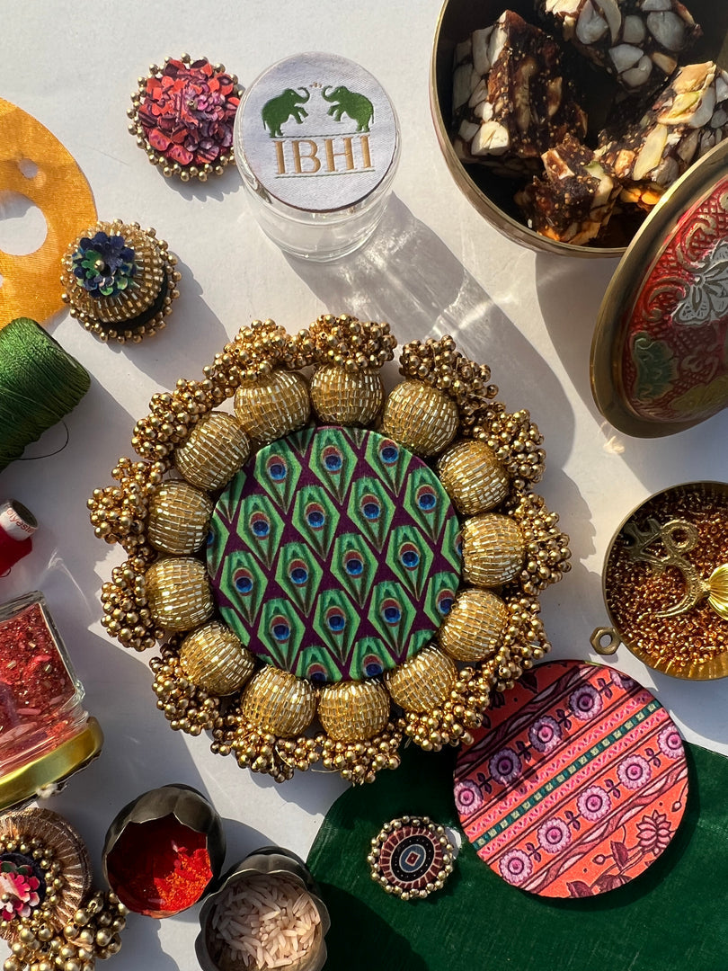 Spherical Mini Platter: Quill Mor Bani Thangat Kare + Bottle Green Navratna Patola