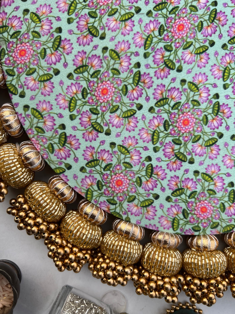 Ganesh Motif Platter + Hanging: Kamal Bandhej + Bottle Green Navratna Patola