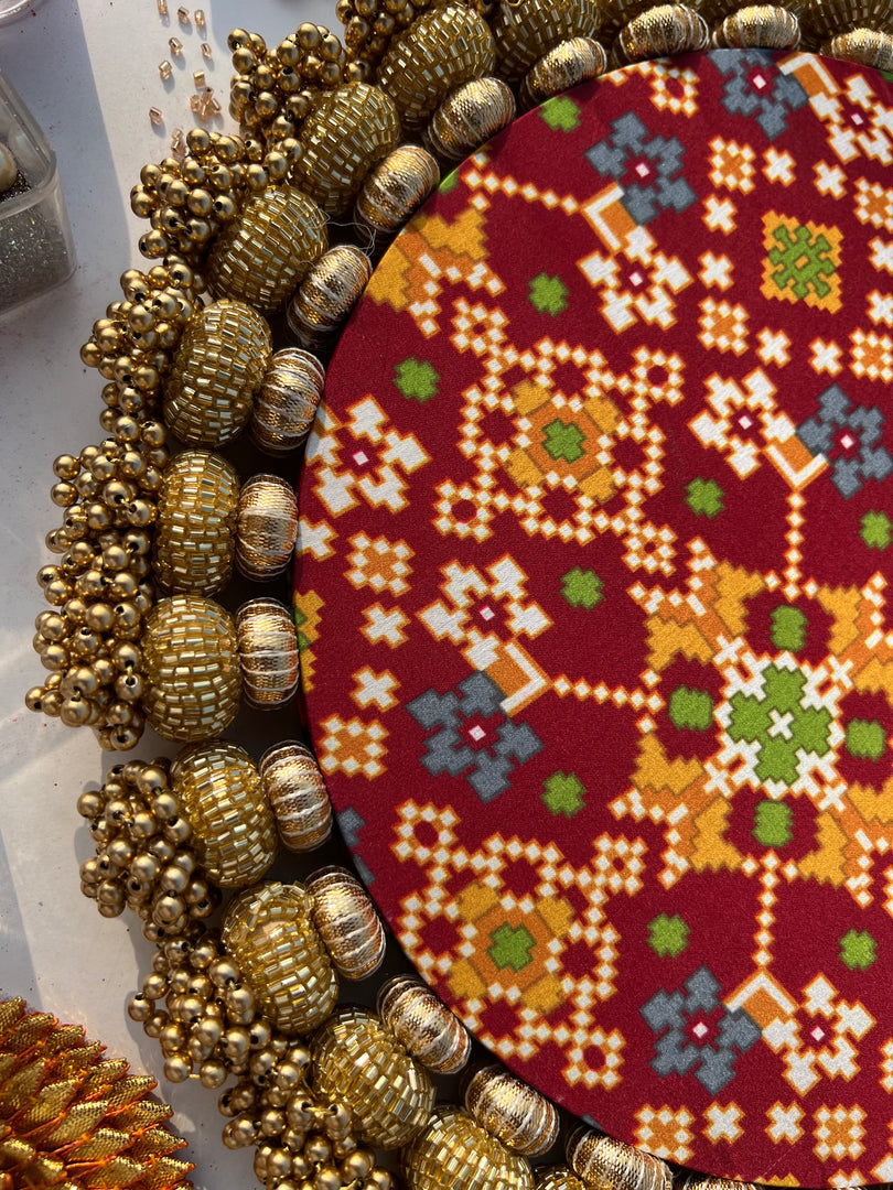 Ganesh Motif Platter + Hanging: Kamal Bandhej + Bottle Green Navratna Patola