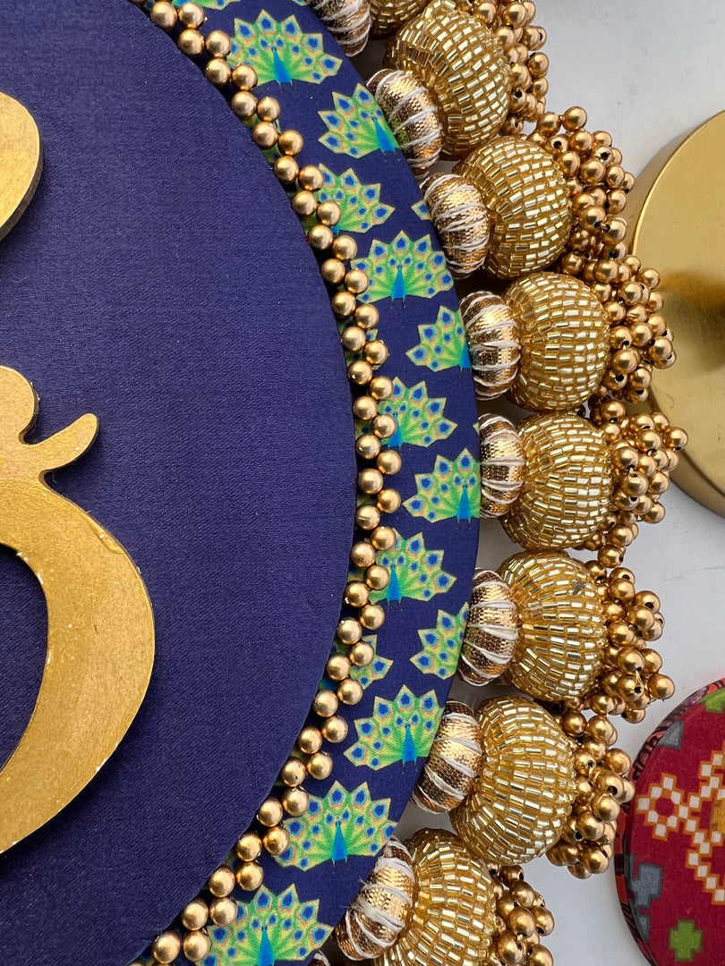 Ganesh Motif Platter + Hanging: Kamal Bandhej + Bottle Green Navratna Patola