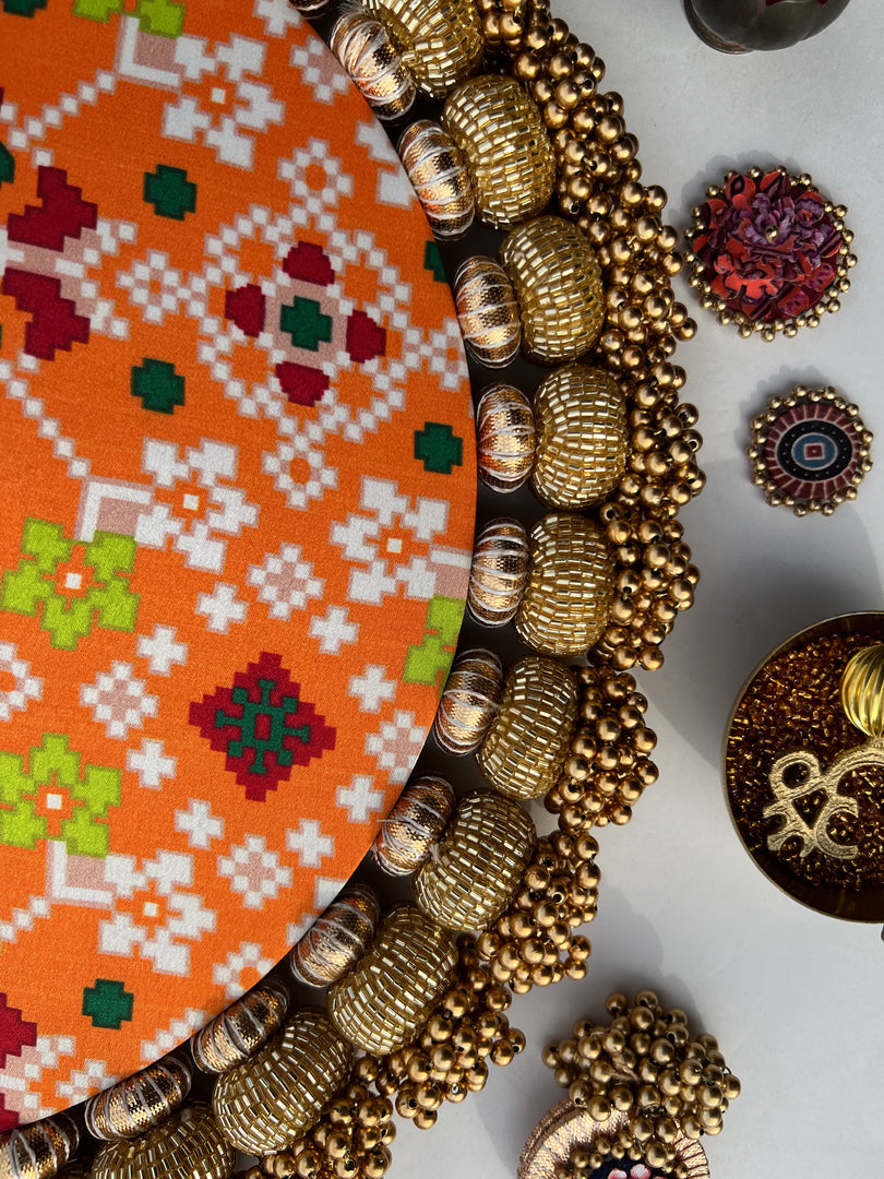Ganesh Motif Platter + Hanging: Kamal Bandhej + Bottle Green Navratna Patola