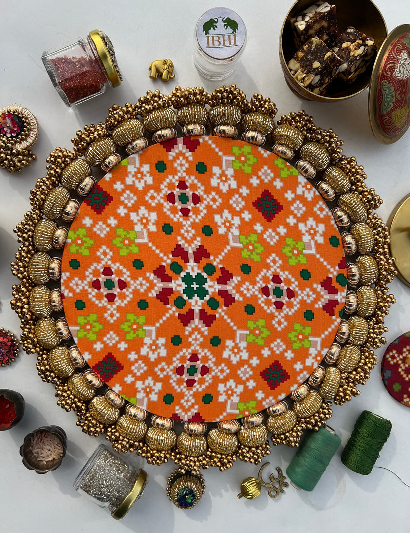 Ganesh Motif Platter + Hanging: Kamal Bandhej + Bottle Green Navratna Patola