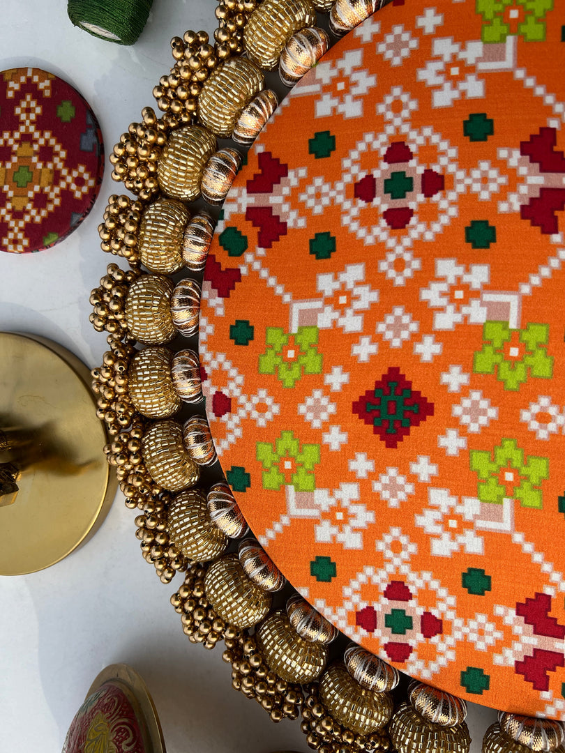 Ganesh Motif Platter + Hanging: Kamal Bandhej + Bottle Green Navratna Patola
