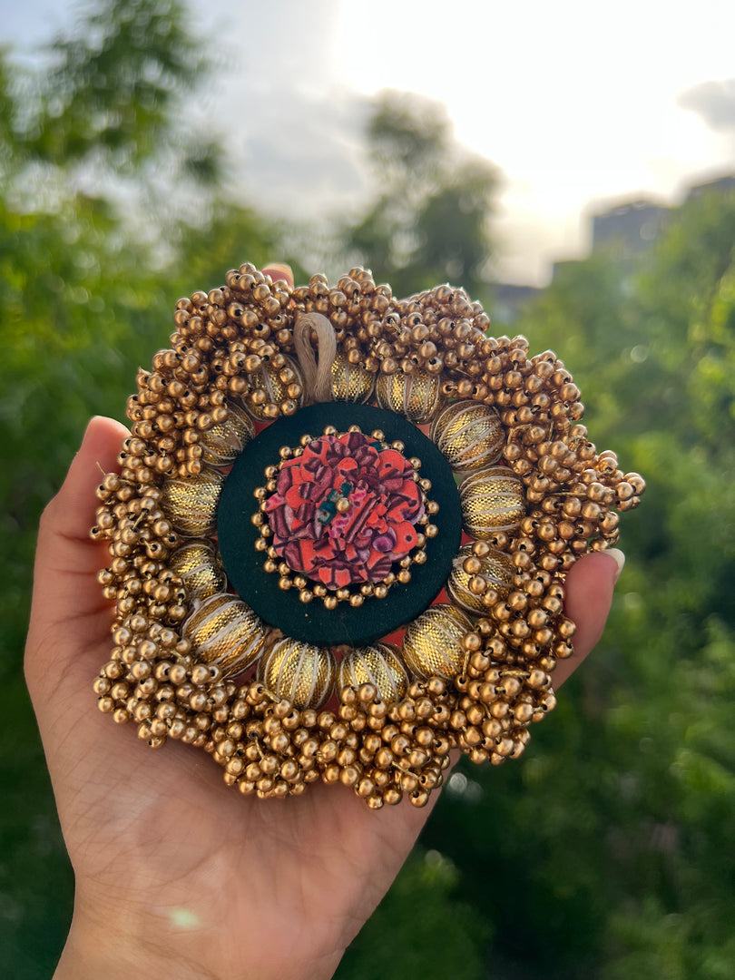Tea Light Platter- Solid Pink + Pink Navratna Patola