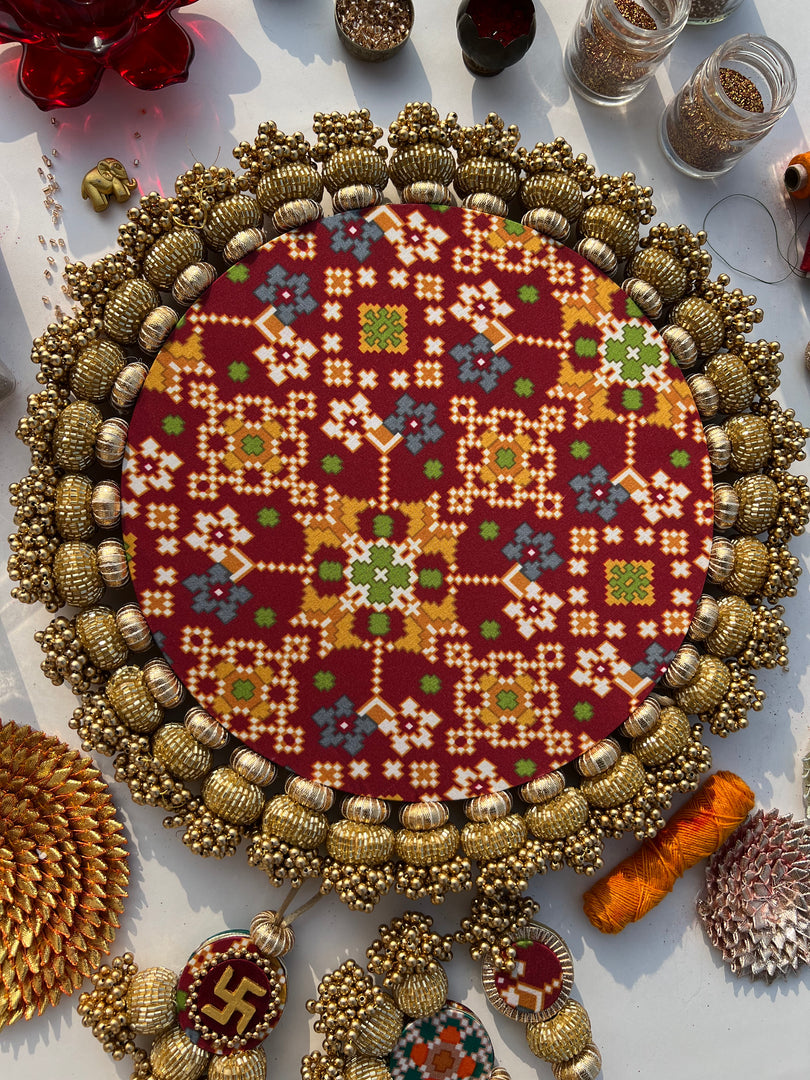 Ganesh Motif Platter + Hanging: Kamal Bandhej + Bottle Green Navratna Patola