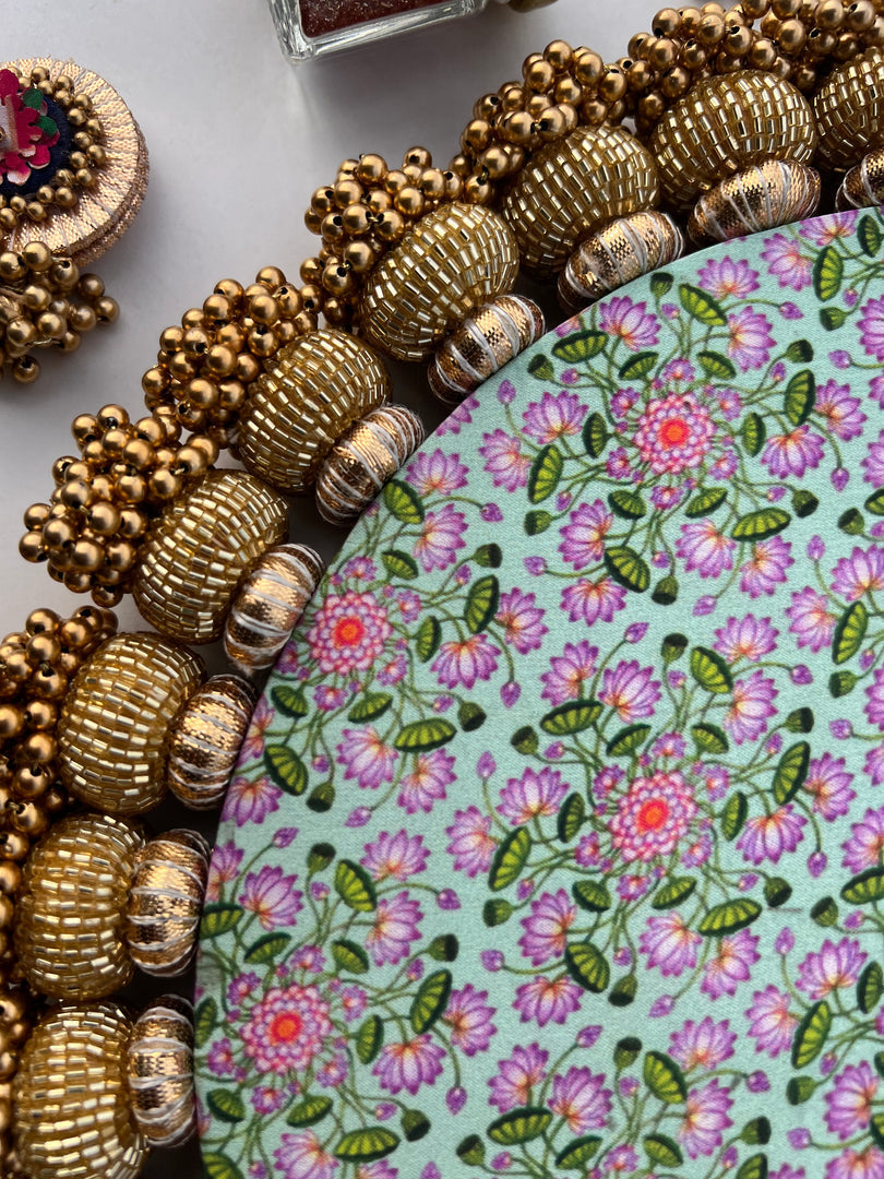 Ganesh Motif Platter + Hanging: Kamal Bandhej + Bottle Green Navratna Patola