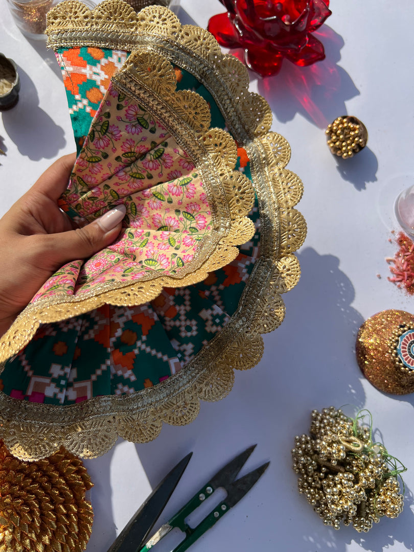 Two Way Pink Navratna Patola & Pastel Pistachio Inflorescence Divine Pichwai Scallop Poshak