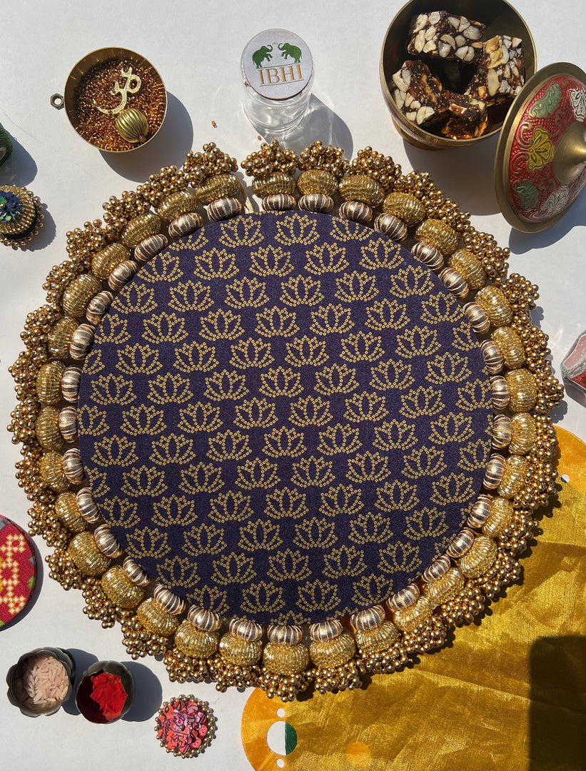 Ganesh Motif Platter + Hanging: Kamal Bandhej + Bottle Green Navratna Patola
