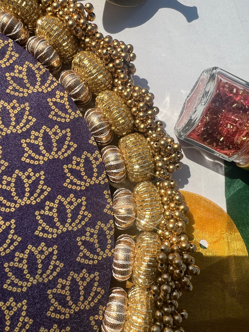 Ganesh Motif Platter + Hanging: Kamal Bandhej + Bottle Green Navratna Patola