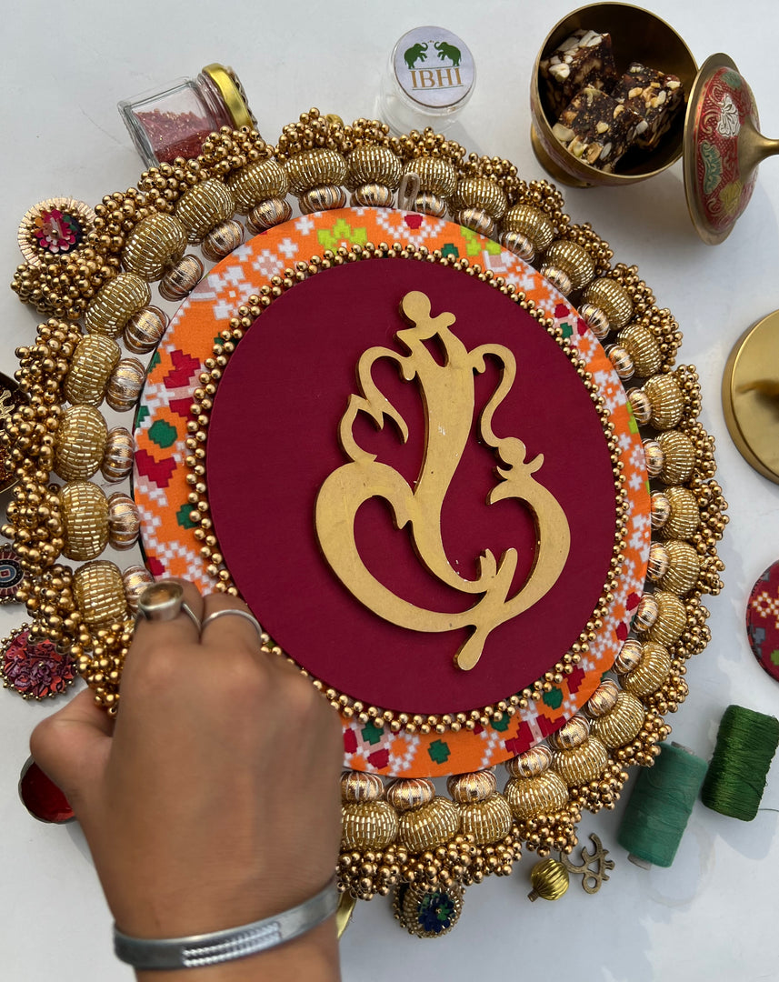 Ganesh Motif Platter + Hanging: Kamal Bandhej + Bottle Green Navratna Patola